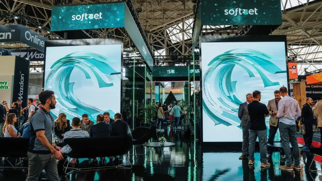 Stand interactif de Soft2Bet avec visiteurs lors d'un salon de jeux au Canada